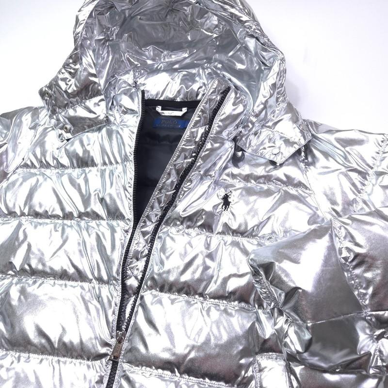 POLO RALPH LAUREN WOMENS JACKET PUFFER -M- SILVER FOIL QUILTED HOODIE DOWN PONY
