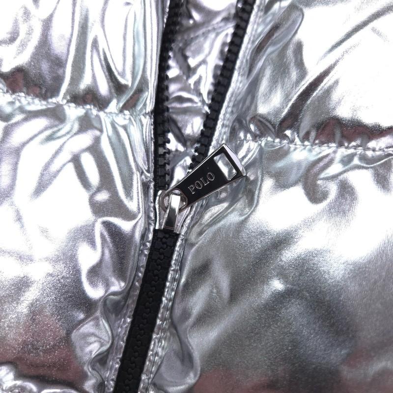 POLO RALPH LAUREN WOMENS JACKET PUFFER -M- SILVER FOIL QUILTED HOODIE DOWN PONY