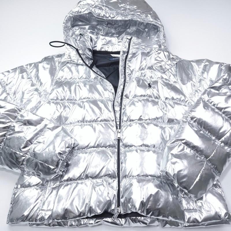 POLO RALPH LAUREN WOMENS JACKET PUFFER -M- SILVER FOIL QUILTED HOODIE DOWN PONY