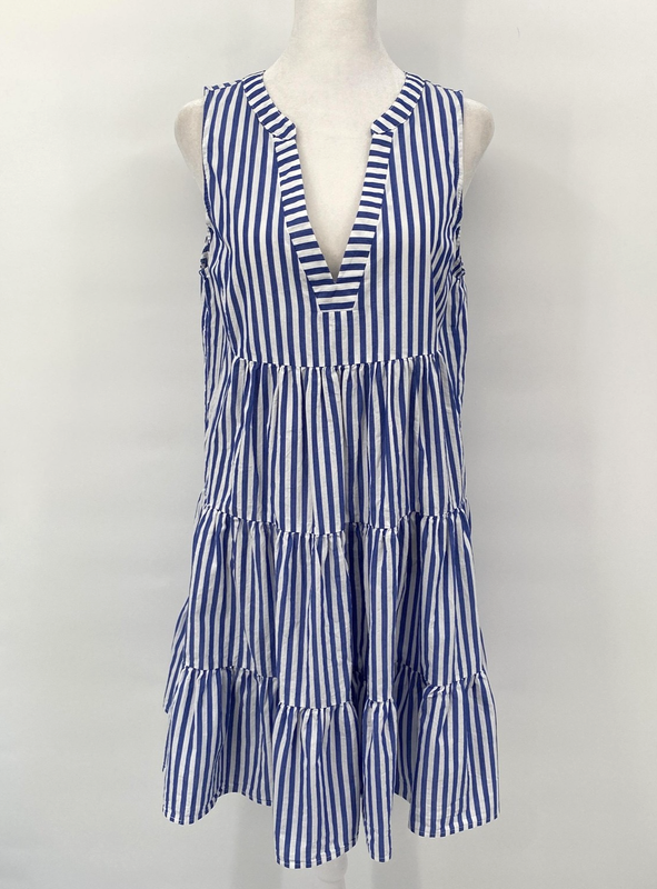Pomander Place Dress Womens Medium Blue White Striped Sleeveless Tiered Cottage