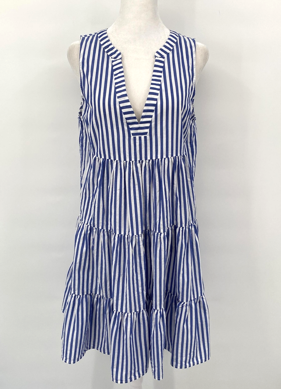 Pomander Place Dress Womens Medium Blue White Striped Sleeveless Tiered Cottage