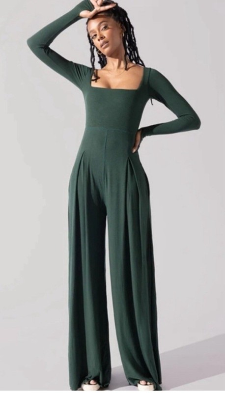 POPFLEX- Go With The Flow Long Sleeve Jumpsuit - Pine Green- XL Extra Tall