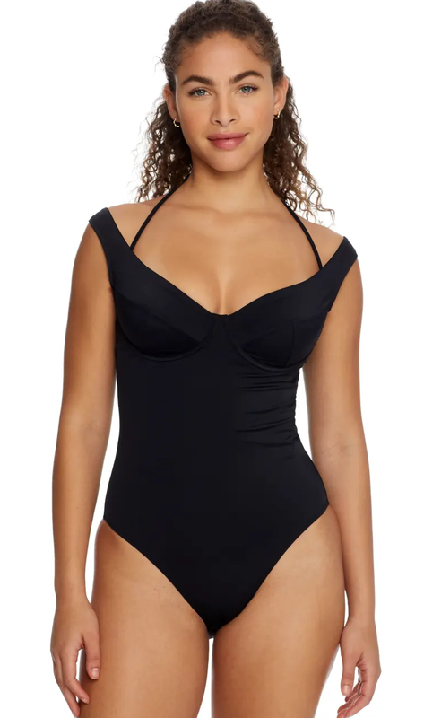 Pour Moi BLACK Off-the-Shoulder Control One-Piece Swimsuit US 36F UK 36E