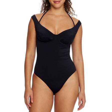Pour Moi BLACK Off-the-Shoulder Control One-Piece Swimsuit US 36F UK 36E