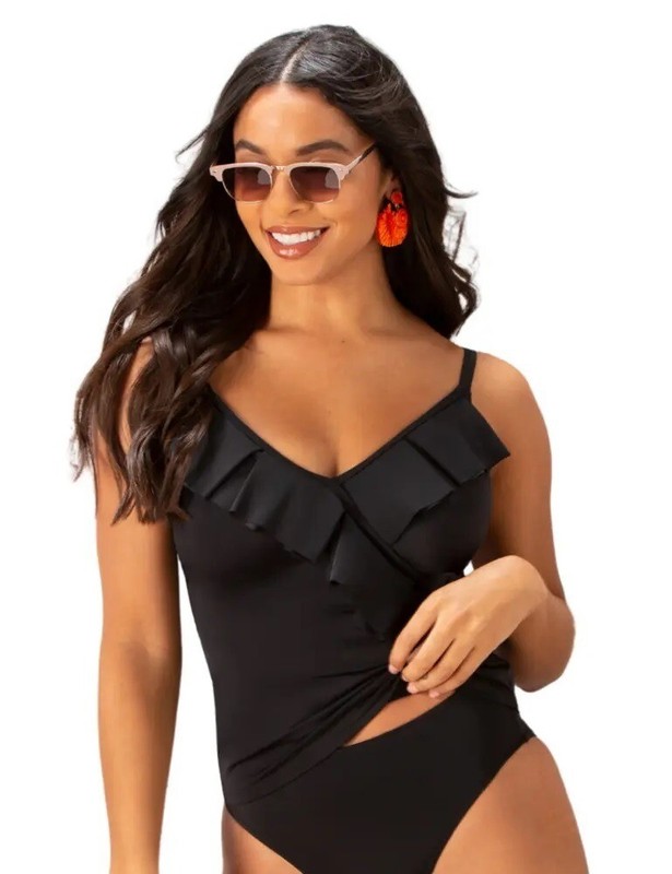 Pour Moi BLACK Space Ruffle Underwire Tankini Swim Top US 36DDD/F UK 36E