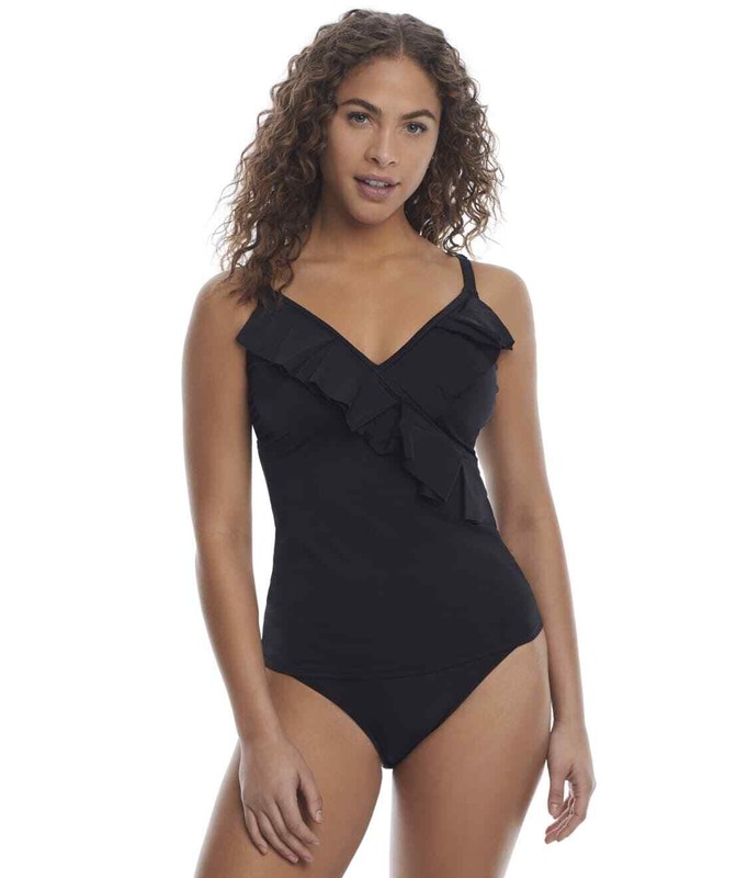 Pour Moi BLACK Space Ruffle Underwire Tankini Swim Top US 34DDD/F UK 34E