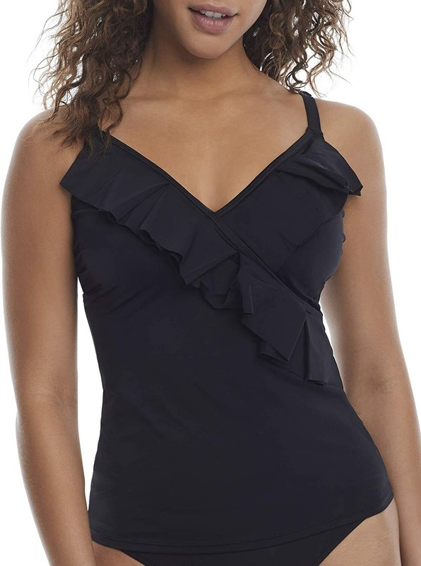 Pour Moi BLACK Space Ruffle Underwire Tankini Swim Top US 34DDD/F UK 34E