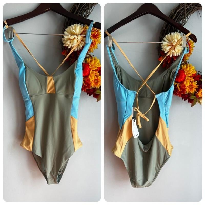 prAna TULUM Womens One-Piece Swimsuit MEDIUM in Sweet Agave Color Block