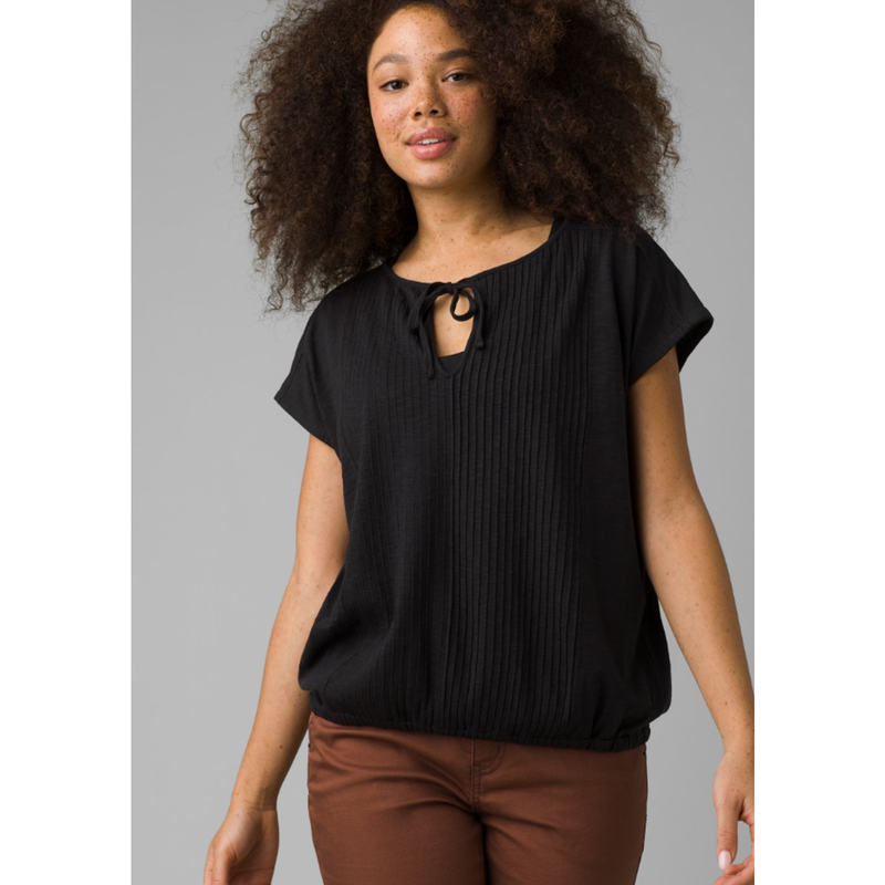 PRANA Women's Ocupas Popover Top Small Black Pintuck Short Sleeve NWT