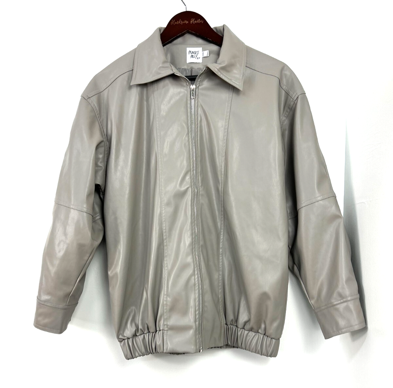 Princess Polly Braelynn Womens Size 2 Gray Faux Leather Bomber Jacket Oversized