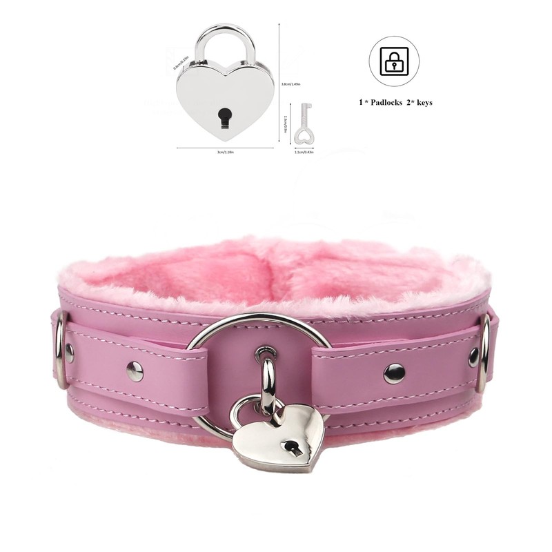 Pu Leather Choker Collar With Leash And Lock Adjustable Size For Women Pink