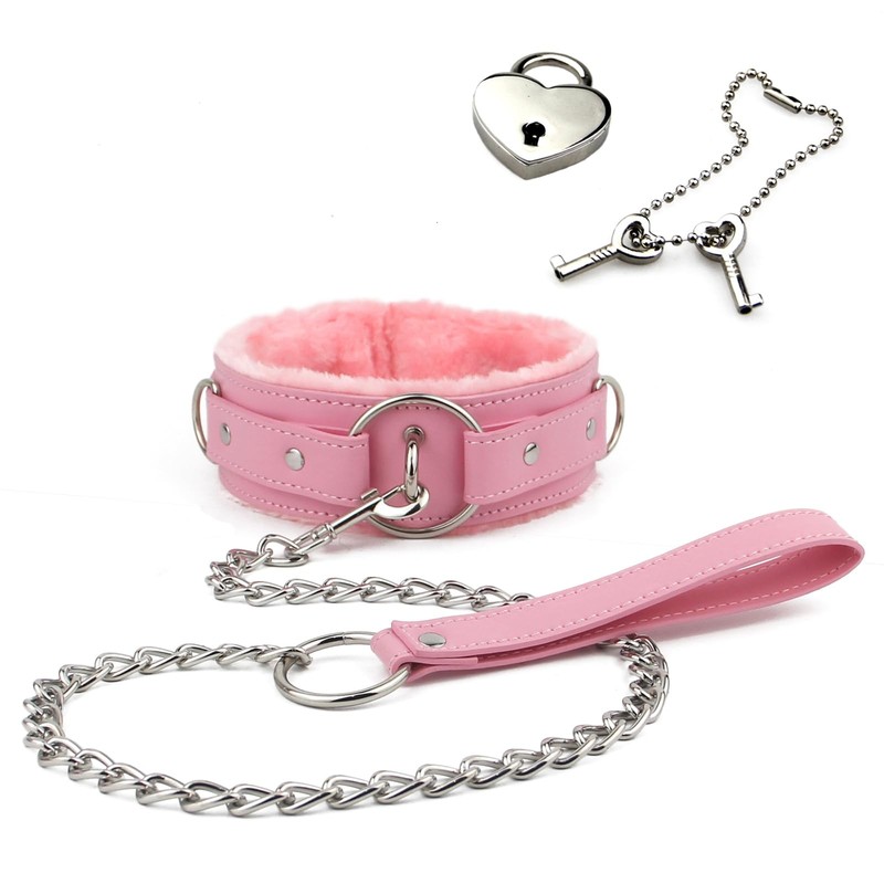 Pu leather choker collar with leash and Lock adjustable size for women pink