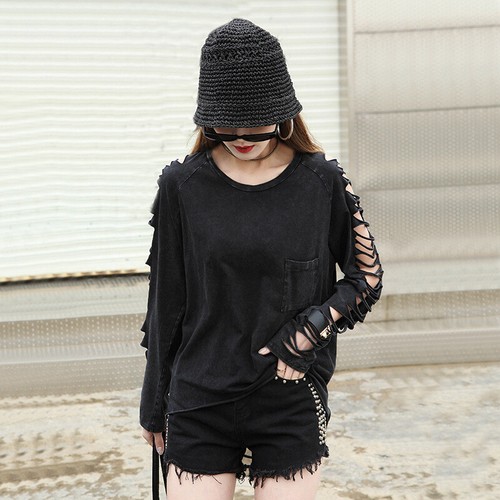 Punk Tattered Tassel Distressed Sexy Women's Personalized Long Sleeved T-Shirt