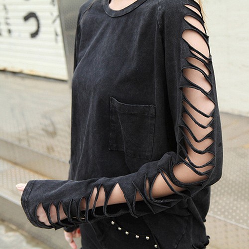 Punk Tattered Tassel Distressed Sexy Women's Personalized Long Sleeved T-Shirt