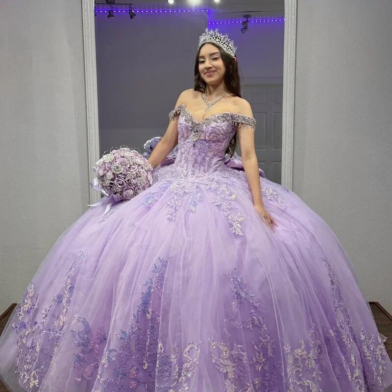 Purple Ball Gown Quinceanera Dresses Applique Ruffles Lace-up Bow Puffy