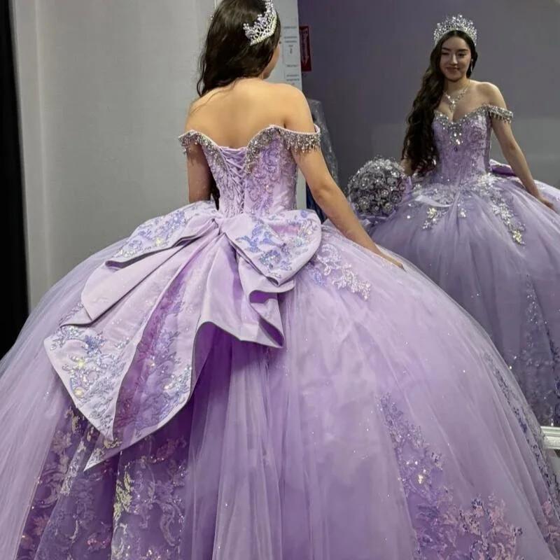 Purple Ball Gown Quinceanera Dresses Applique Ruffles Lace-up Bow Puffy