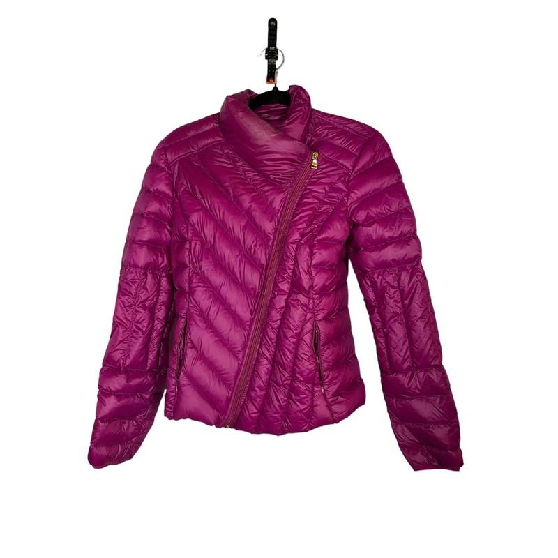 Purple DOWN Puffer Jacket Full Zip Womens Size XS EXPRESS Chevron Assymetrical
