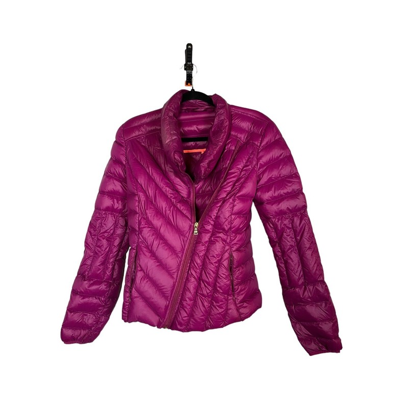 Purple DOWN Puffer Jacket Full Zip Womens Size XS EXPRESS Chevron Assymetrical