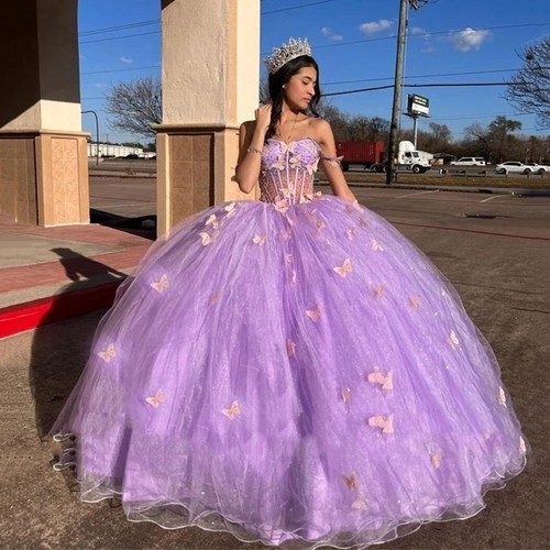 Purple Quinceanera Dresses with 3D Butterfly Sweet 16 15 Prom Pageant Ball Gowns