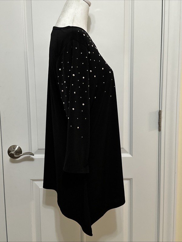 Quacker Factory 3/4-Sleeve Trapeze Hem Top With Rhinestones Black S A367098
