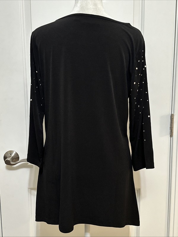 Quacker Factory 3/4-Sleeve Trapeze Hem Top With Rhinestones Black S A367098