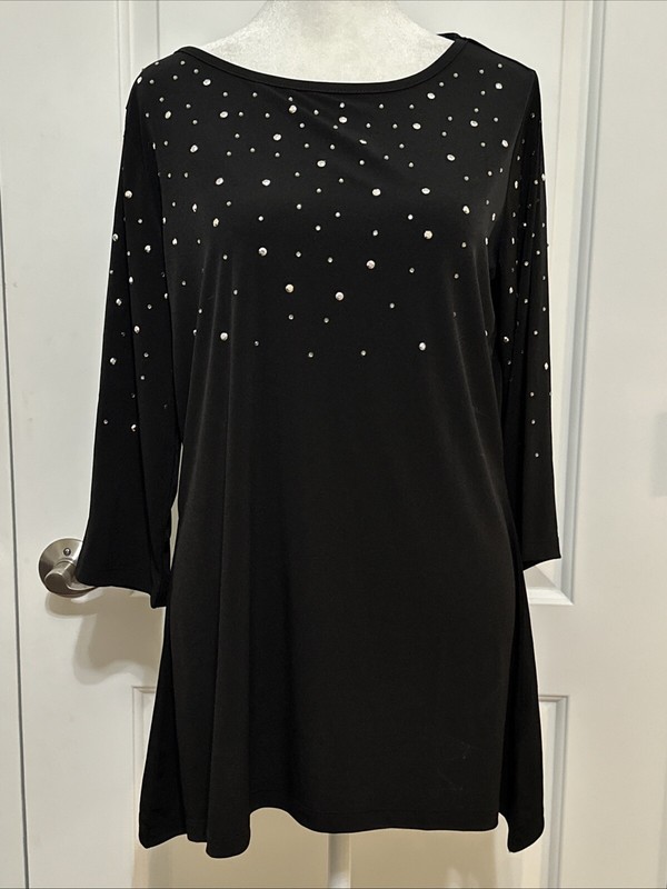Quacker Factory 3/4-Sleeve Trapeze Hem Top with Rhinestones Black S A367098