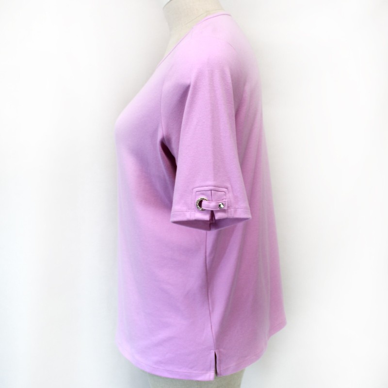 Quacker Factory Plus Lavender Crew Neck Swarovski Detail Sleeve Top Tee Slits 2X