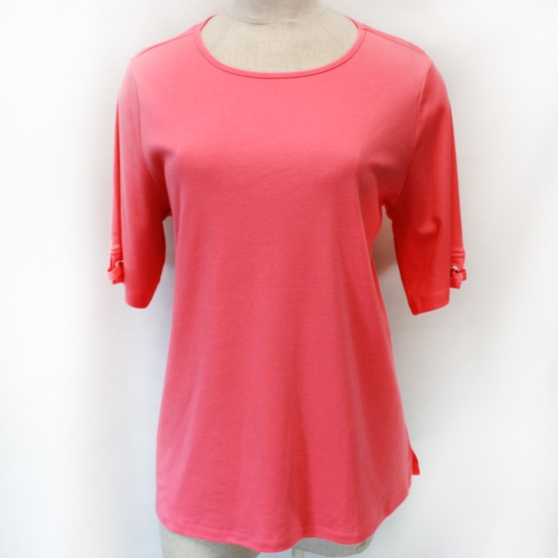 Quacker Factory Plus Pink Crew Neck Shine Sleeve Details Top Tee 2X
