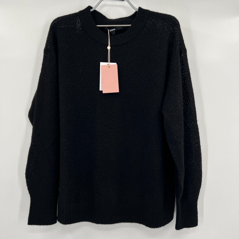 Quince Women's Black Baby Alpaca-Merino Wool Diamond Stitch Crew Neck Sweater S