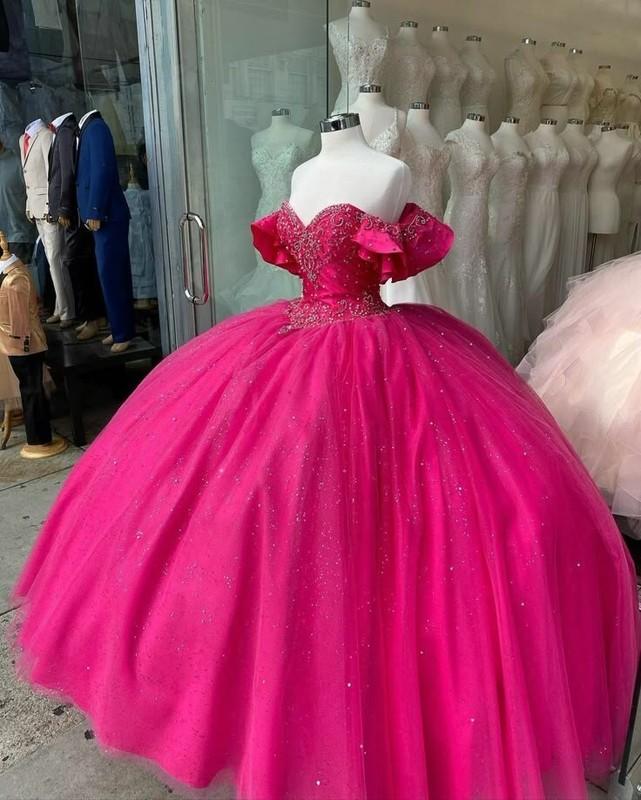 Quinceanera Dresses Hot Pink Off Shoulder Beading Sweet 16 Party Prom Ball Gown