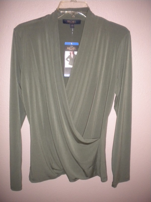 Rachel Womens Size Large Green V Neck Long Sleeve Top Blouse Shirt NWT