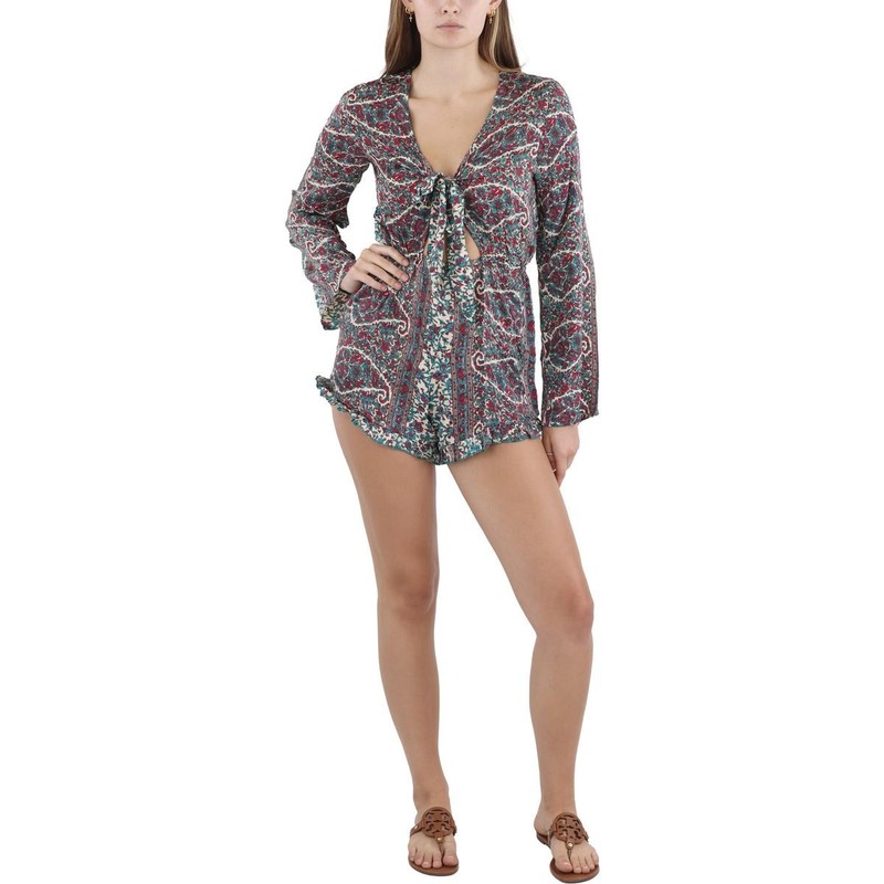 Raga Womens Printed Tie Front Ruffle Hem Romper BHFO 5624