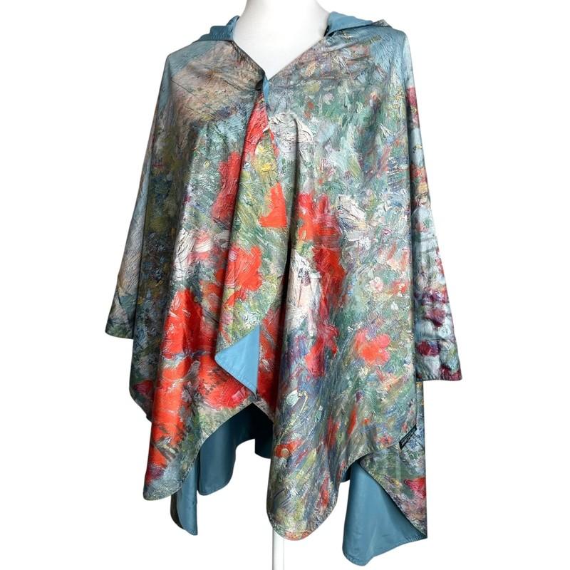 Raincaper Poncho One Size Blue Celia's Garden Watercolor Floral Hooded Raincoat