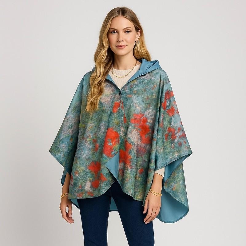 Raincaper Poncho One Size Blue Celia's Garden Watercolor Floral Hooded Raincoat