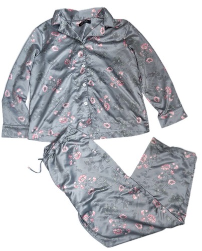 Ralph Lauren Gray Floral Satin Pajamas Size Large Top Pants Romance Feminine