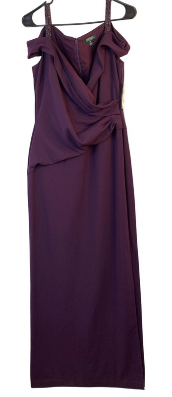 Ralph Lauren Purple Cold Shoulder Formal Gown Slit Size 10 NWT MSRP $210 9016