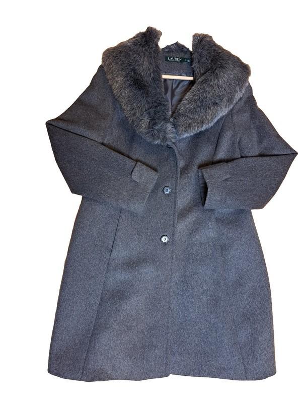 RALPH LAUREN Women's Wool Coat Faux Fur Collar Trim Dark Gray Size 8P Pre-owned