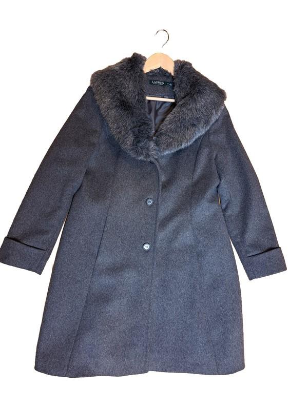 RALPH LAUREN Women's Wool Coat Faux Fur Collar Trim Dark Gray Size 8P Pre-owned