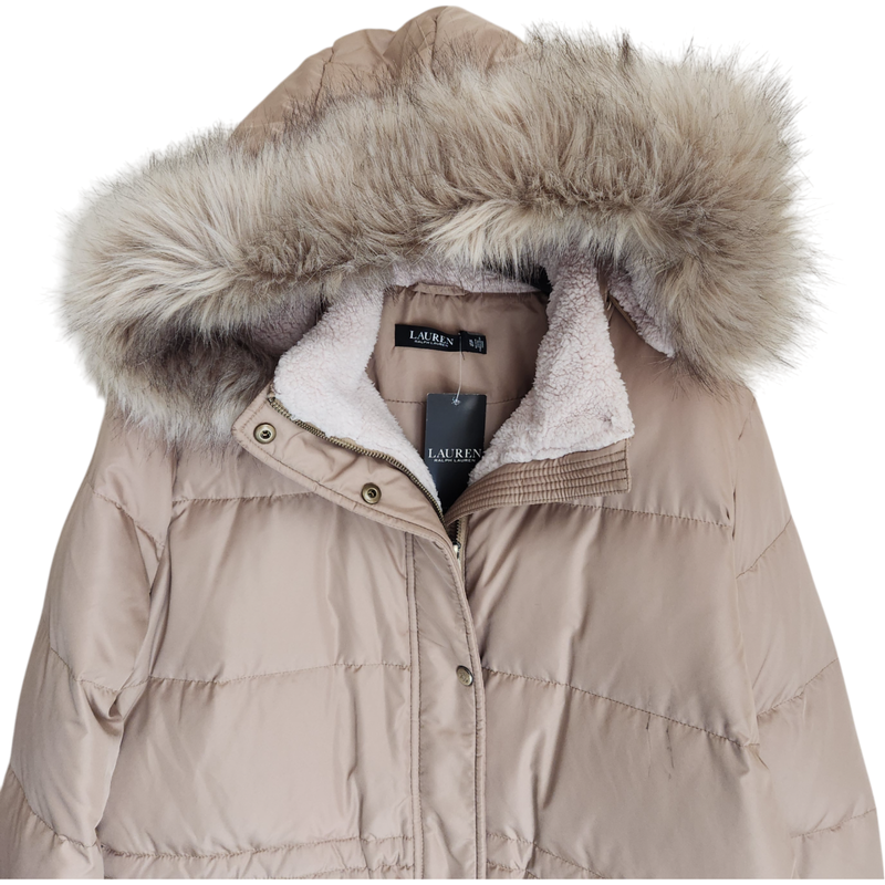 Ralph Lauren Women's XL Down Feather Puffer Coat Faux Fur Hooded Beige NWT