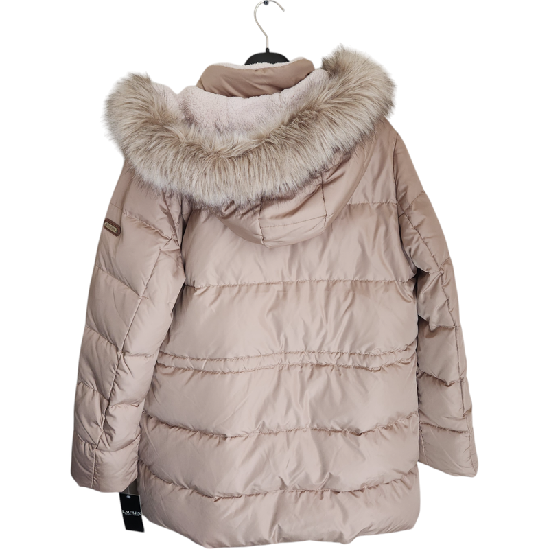 Ralph Lauren Women's XL Down Feather Puffer Coat Faux Fur Hooded Beige NWT