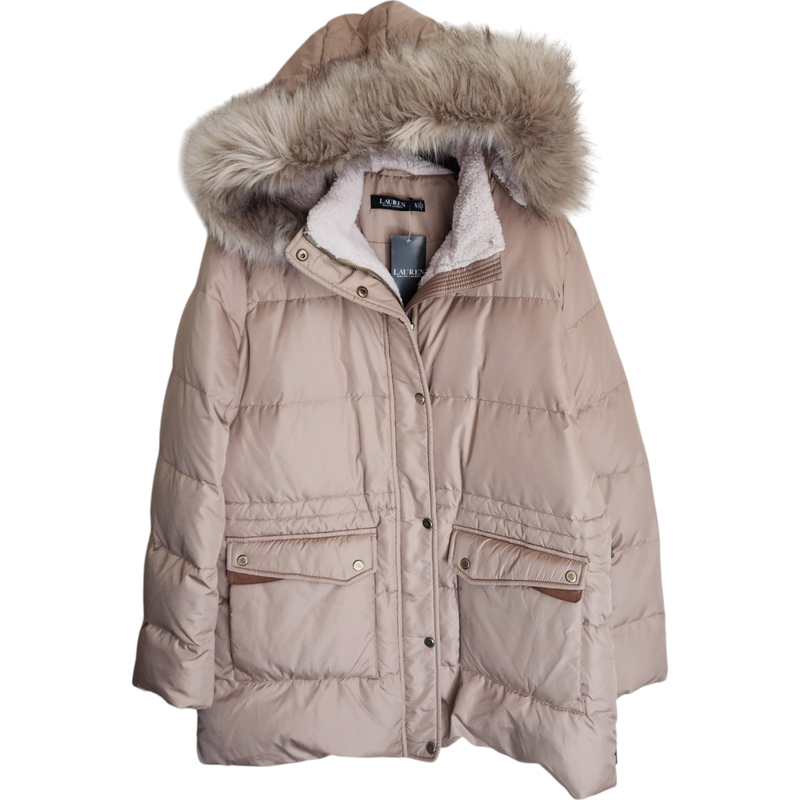 Ralph Lauren Women's XL Down Feather Puffer Coat Faux Fur Hooded Beige NWT
