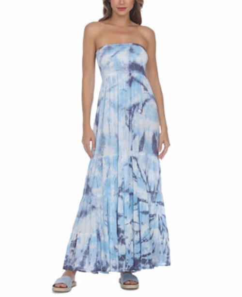 Raviya Women's Blue Tie-Dye Strapless Maxi Cover-Up Dress (S Blue)