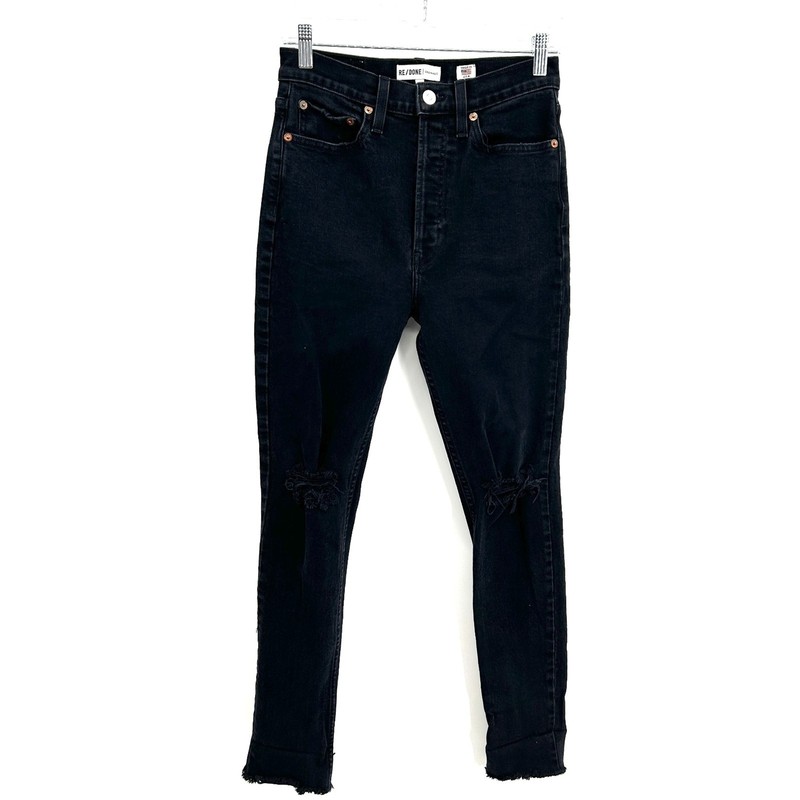 RE/DONE Originals Black Wash High Rise Distressed Knee Raw Hem Skinny Jeans 27