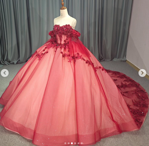 Red Quinceanera Dresses Sweet 16 Birthday XV Glitter 3D Flowers Prom Ball Gowns