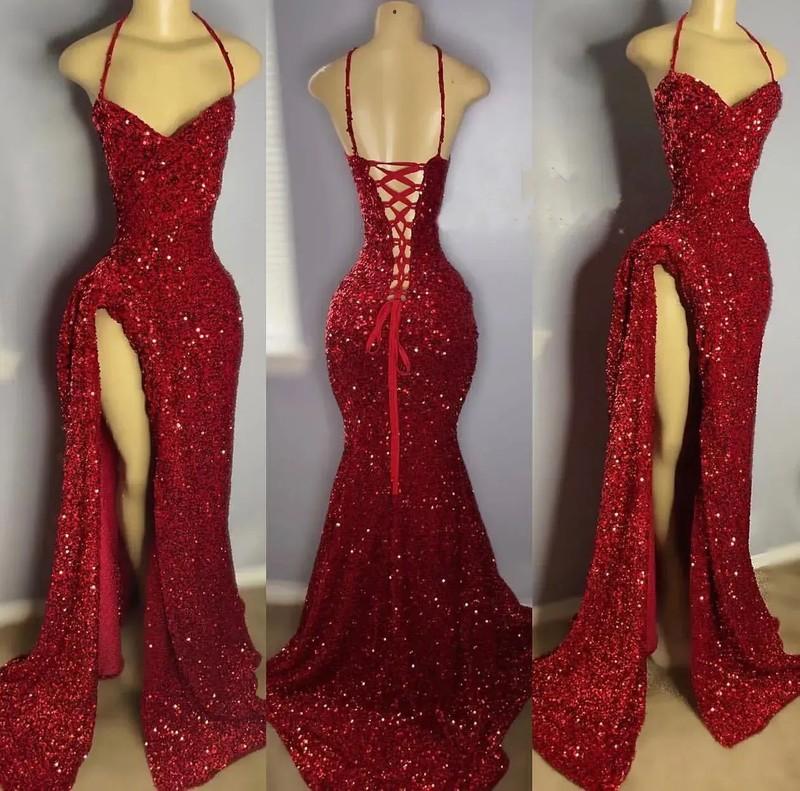Red Sequins Dark Prom Dresses Halter High Split Mermaid Celebrity Party BallGown