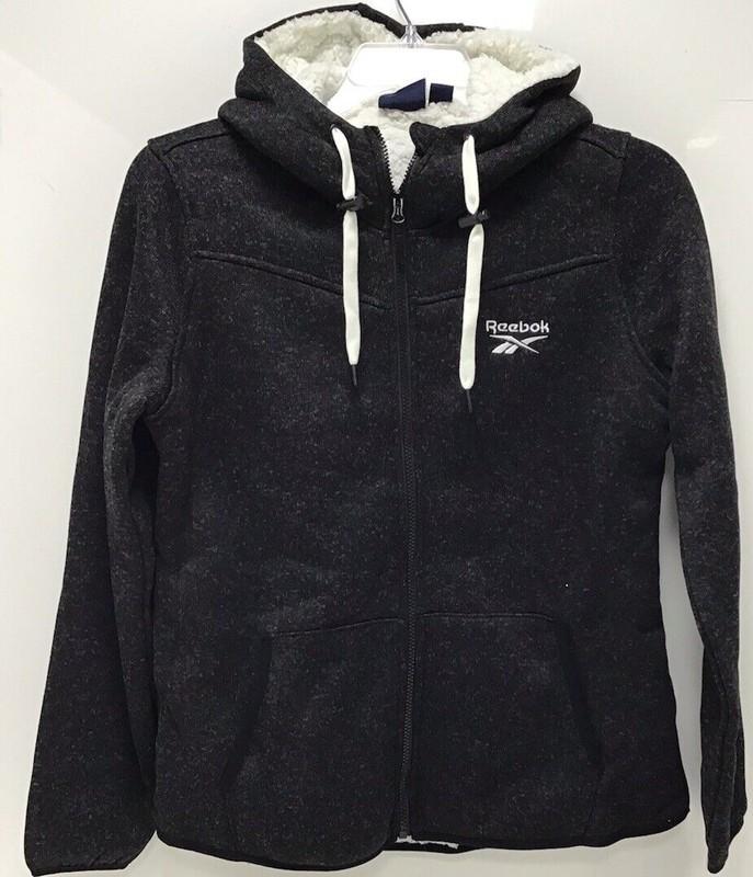 Reebok Women's Fleece Jacket Heather Black Sherpa-Lined Sweater Size Medium
