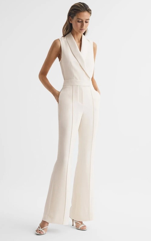 REISS DANI TUXEDO JUMPSUIT in IVORY/BEIGE UK Size 6-14