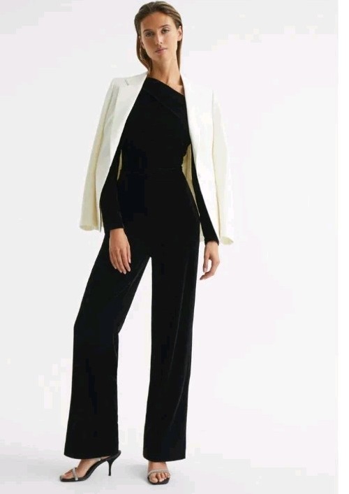 Reiss Ladies Ella Fitted Velvet Jumpsuit Black Size 12