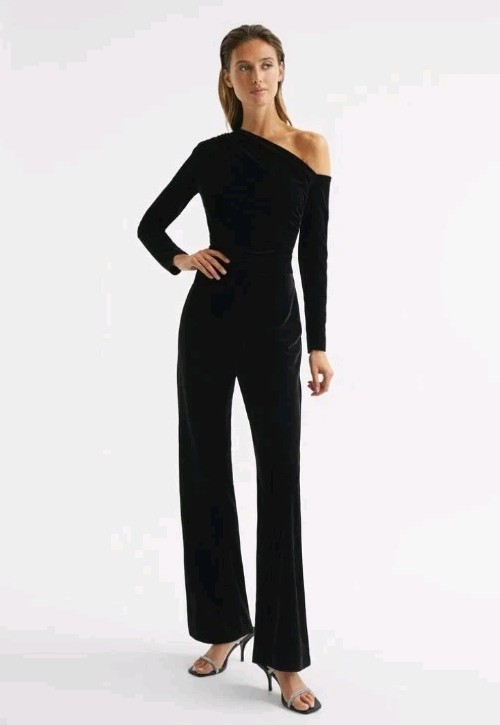 Reiss Ladies Ella Fitted Velvet Jumpsuit Black Size 12