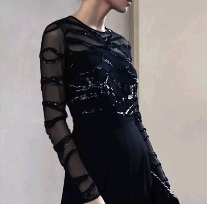 Reiss Women's Black Sequin Jumpsuit Salie Size 0 Sheer Long Sleeve NWT $495 Fit